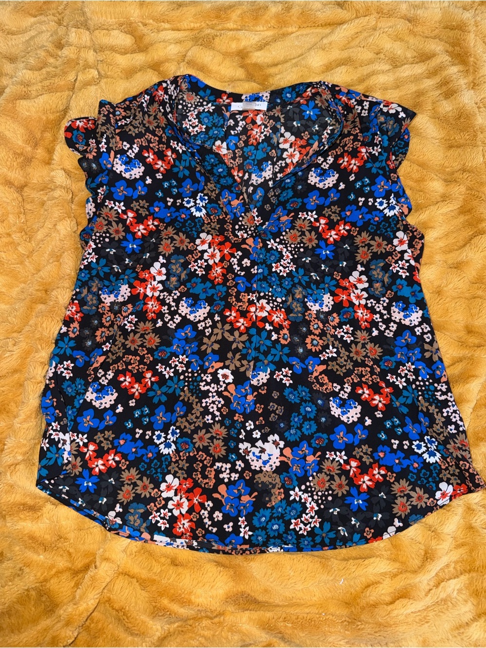 Calvin Klein Black Floral Split-Neck Cap Sleeve Blouse